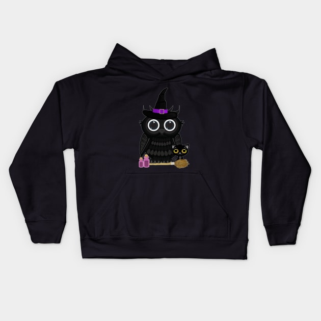 Black Owl Witch Kids Hoodie by adamzworld
